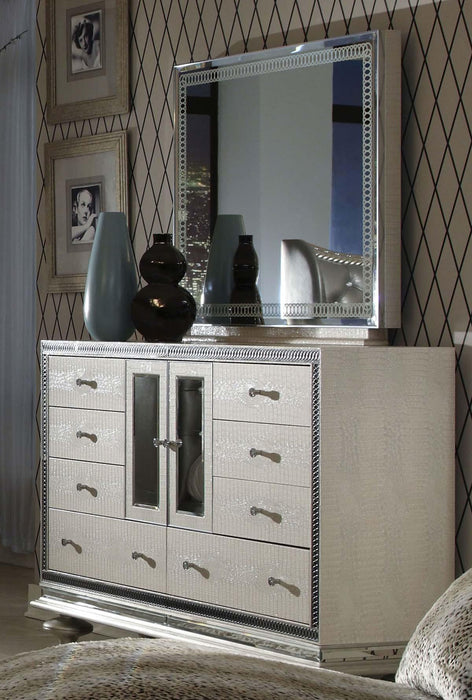 Hollywood Swank Upholstered Dresser In Crystal Croc