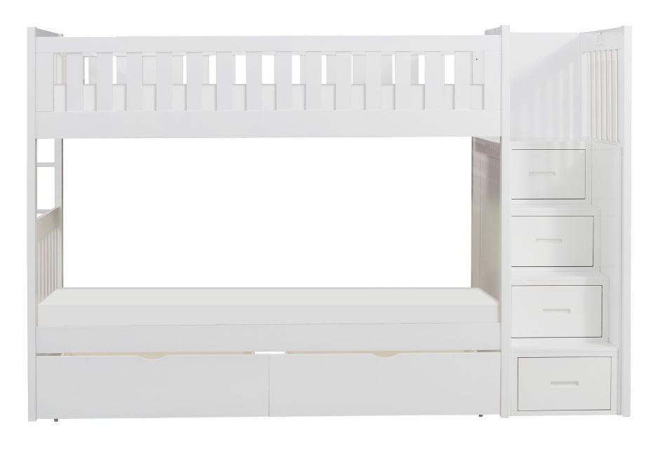 Galen Bunk Bed w/ Reversible Step Storage and Storage Boxes in White B2053SBW-1*T